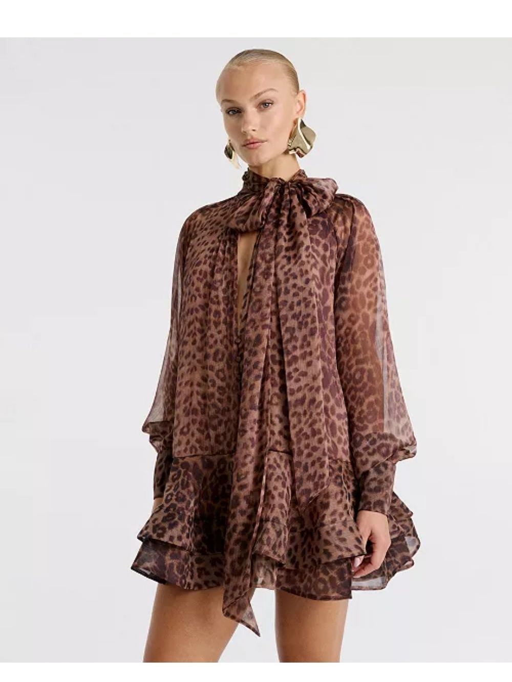Bardot Brown Leopard Tie-Neck Ruffle Mini Dress